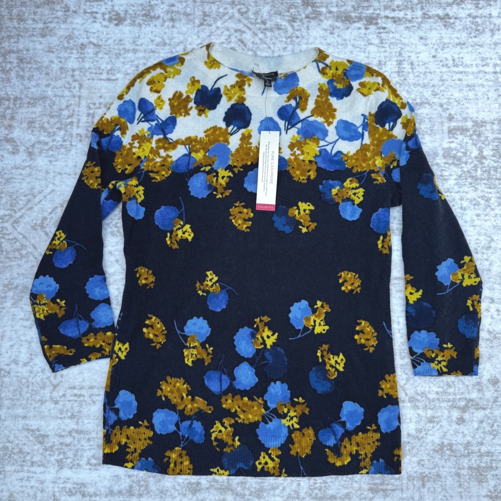 Talbots Womens Small 100%‎ Cashmere Blue Floral Crewneck Knit Sweater New